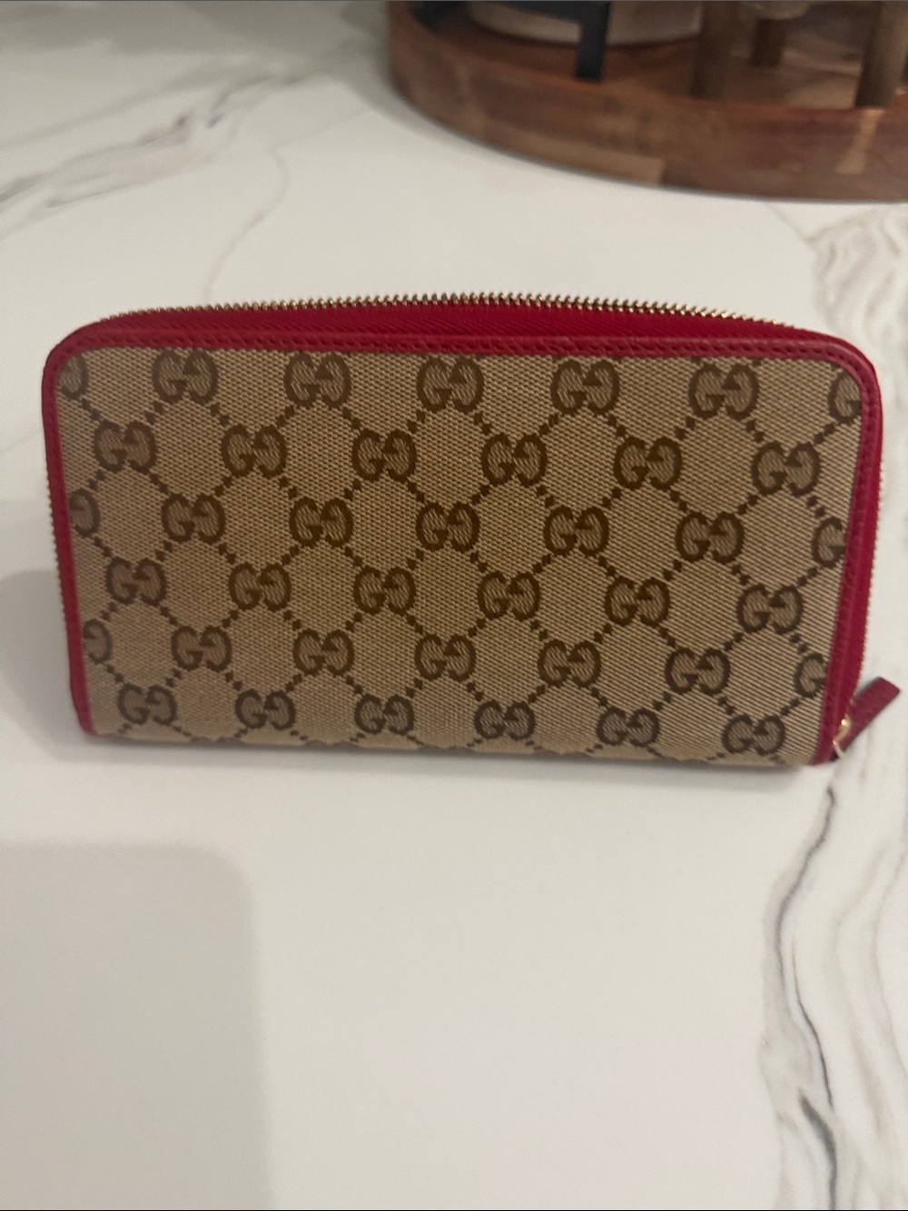 Gucci Brown GG Canvas Wallet with Red Trim
